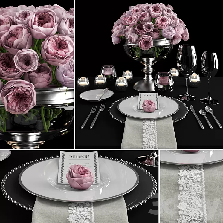 Serving with roses \/ Table setting with roses 3D Model