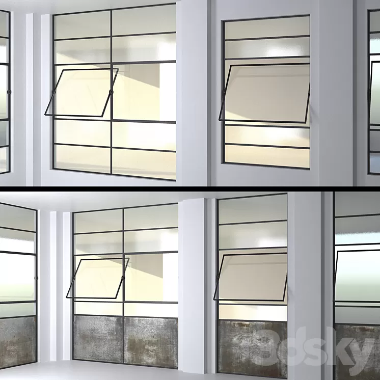 SET 4 Steel Factory Windows wired glass wireglass 3D Model
