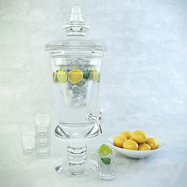 Set: Carafe with lemonade. glasses. plate with lemons 3DModel