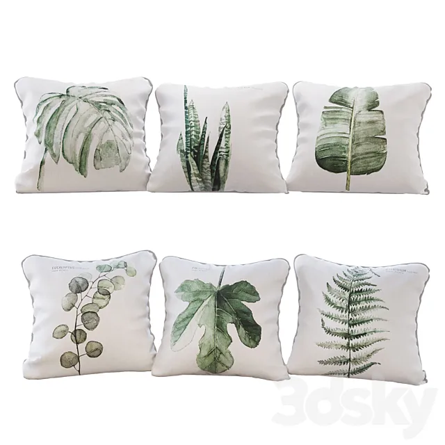Set of 6 pillows with Urban Botanic 01 print 3D Model Set of 6 pillows with Urban Botanic 01 print 3D Model