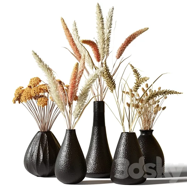 Set of bouquets of dried flowers in black clay vases 3D Model Set of bouquets of dried flowers in black clay vases 3D Model