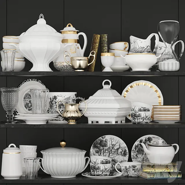 Set of dishes for the kitchen with porcelain and gold 2 3D Model