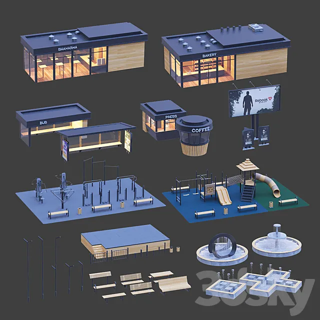 Set of elements of urban style 3DModel Set of elements of urban style 3DModel