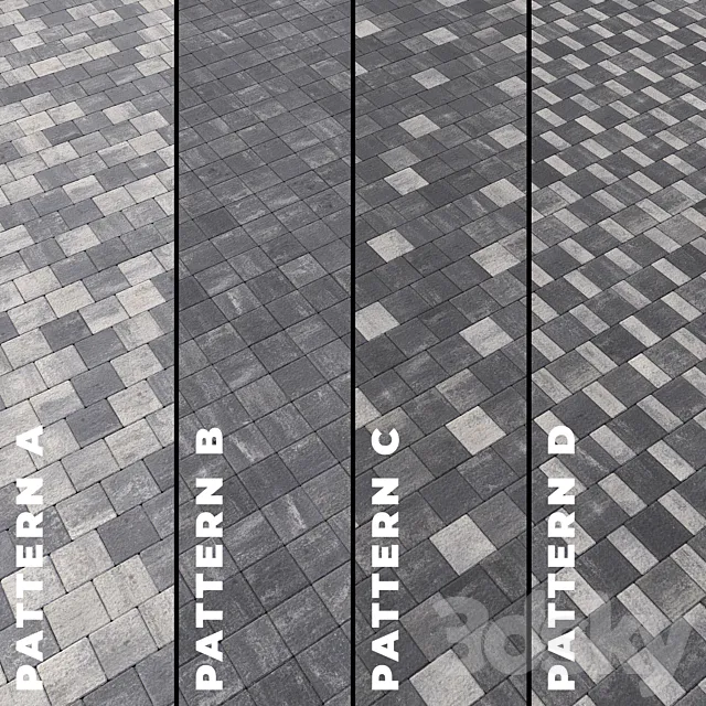 Set of four types of gray paving stones with texture 6290 3D Model