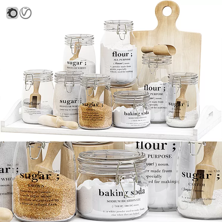 Set of glass jars for the kitchen with sugar and flour 3D Model