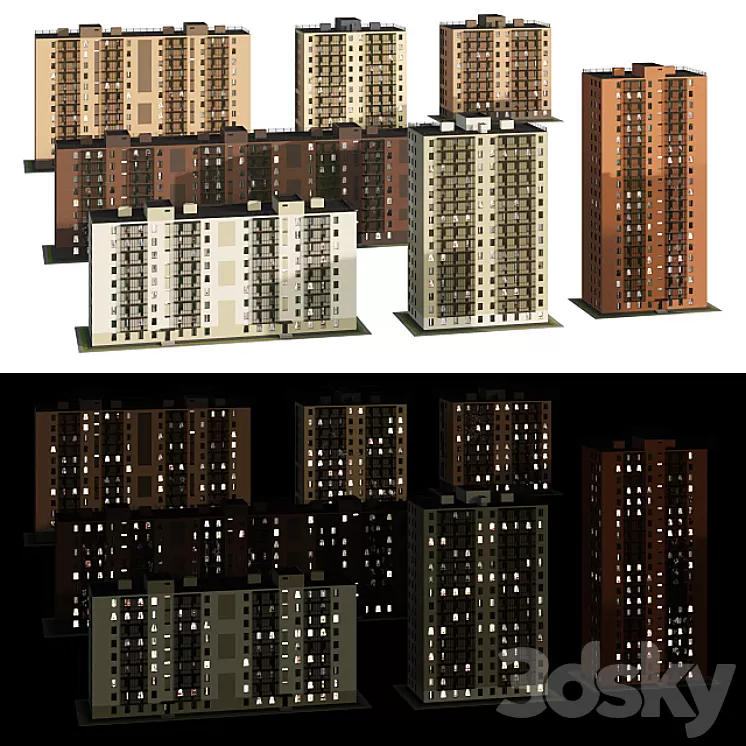 Set of multi-storey houses 2 3D Model
