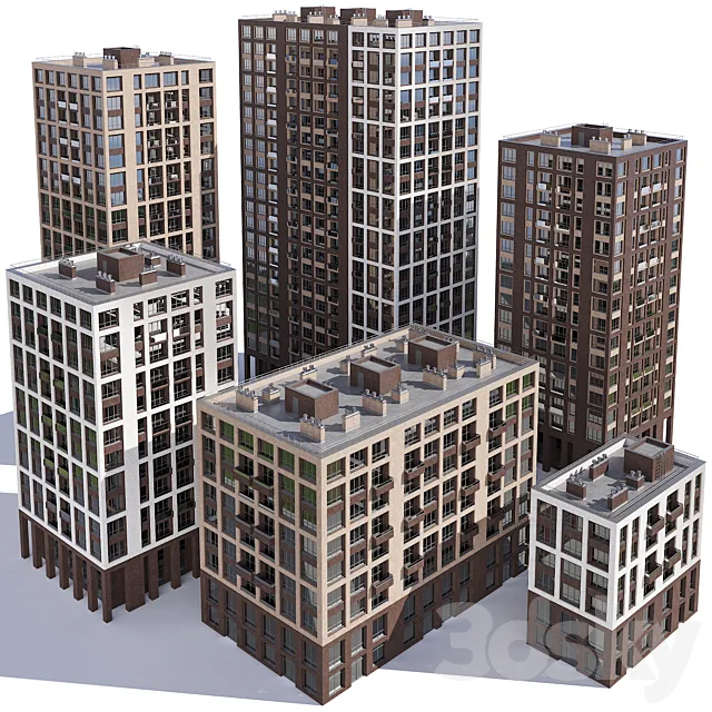 Set of multi-story buildings 3D Model