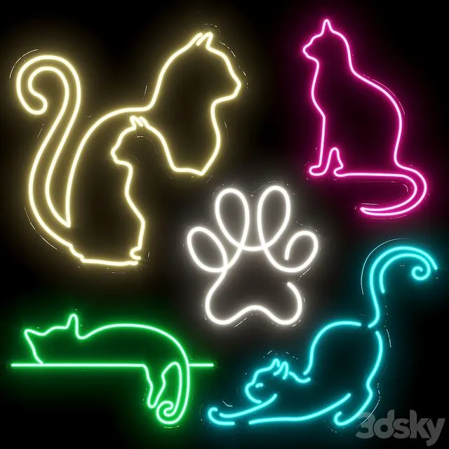 Set of neon lights Cats 01 3D Model Set of neon lights Cats 01 3D Model