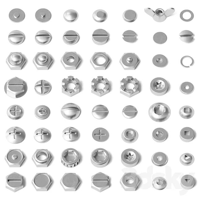 Set of nuts bolts washers 3D Model