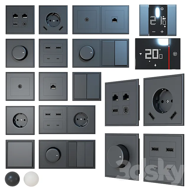 Set of outlets and switches (+ thermostats) 3D Model