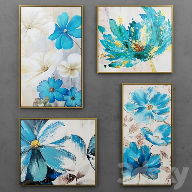 Set of paintings with blue flowers 3DModel