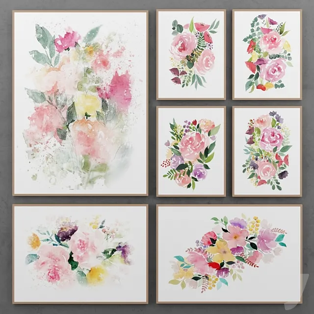 Set of paintings with watercolor flowers 3D Model Set of paintings with watercolor flowers 3D Model
