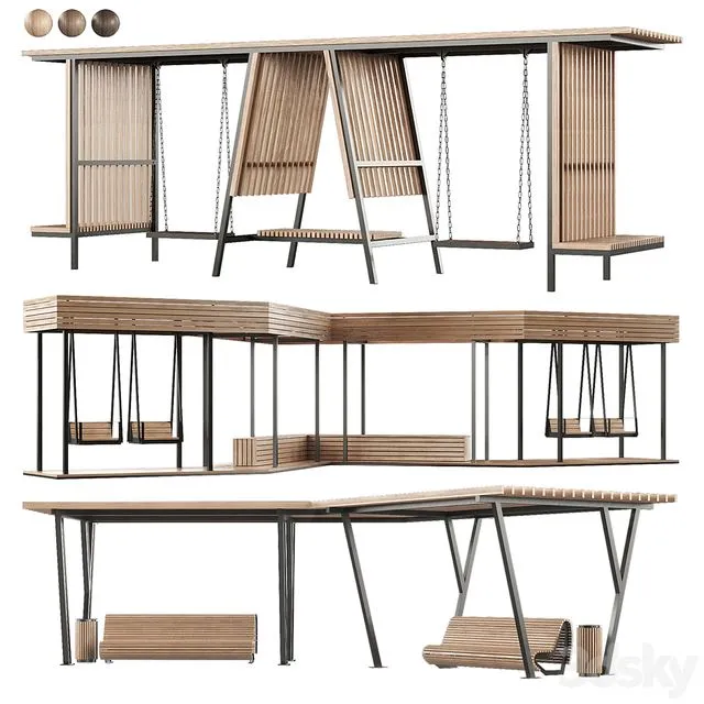 Set of pergolas (gazebos canopies) with swings benches 3 3D Model