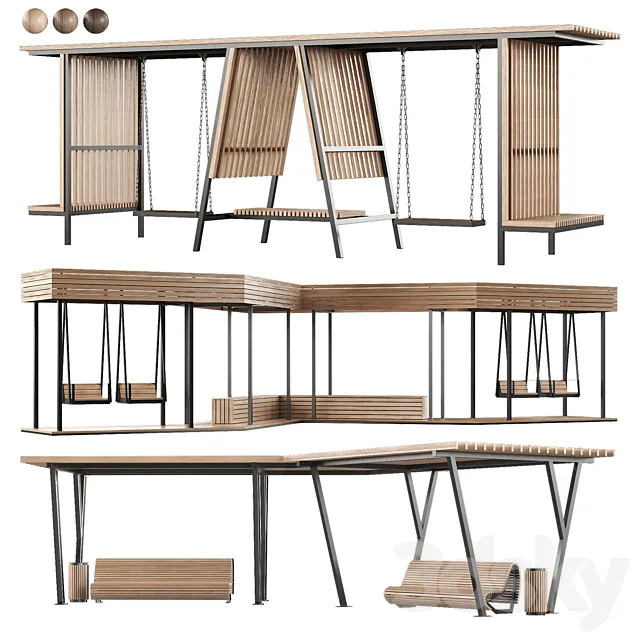 Set of pergolas (gazebos canopies) with swings benches 3 3D Model