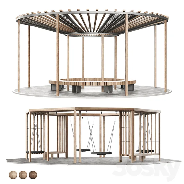 Set of pergolas (gazebos canopies) with swings benches 3D Model