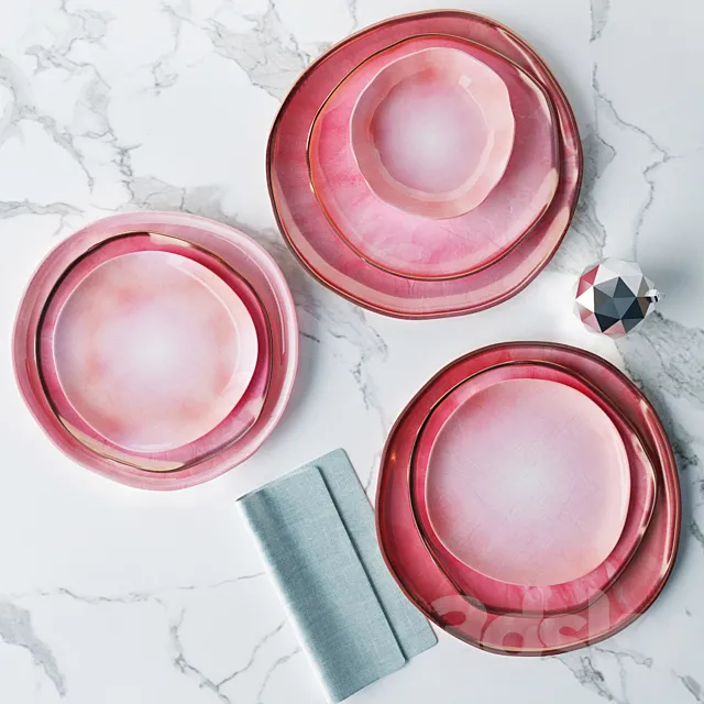 Set of plates in a pink glaze irregular shape 3DModel