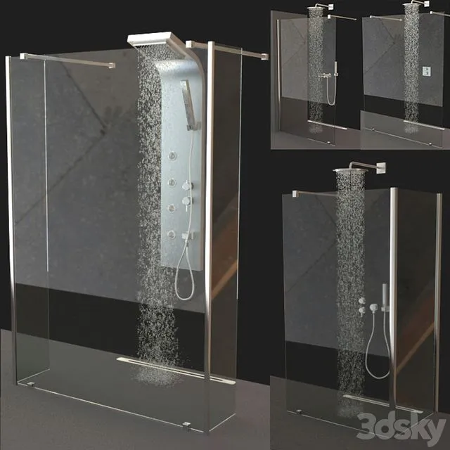 Set of shower cabins Ravak Walk-In + Mixers 3D Model