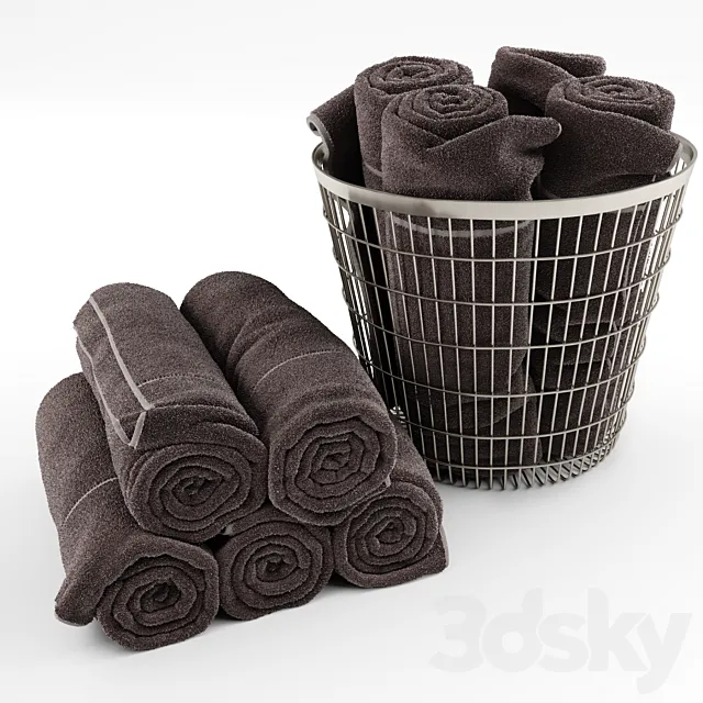 Set of towels in the basket 3D Model