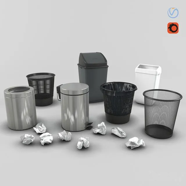 Set of trash cans and crumpled paper 3D Model Set of trash cans and crumpled paper 3D Model