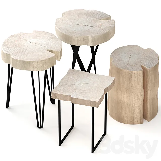 Set of wooden tables made of slab and stump 3D Model