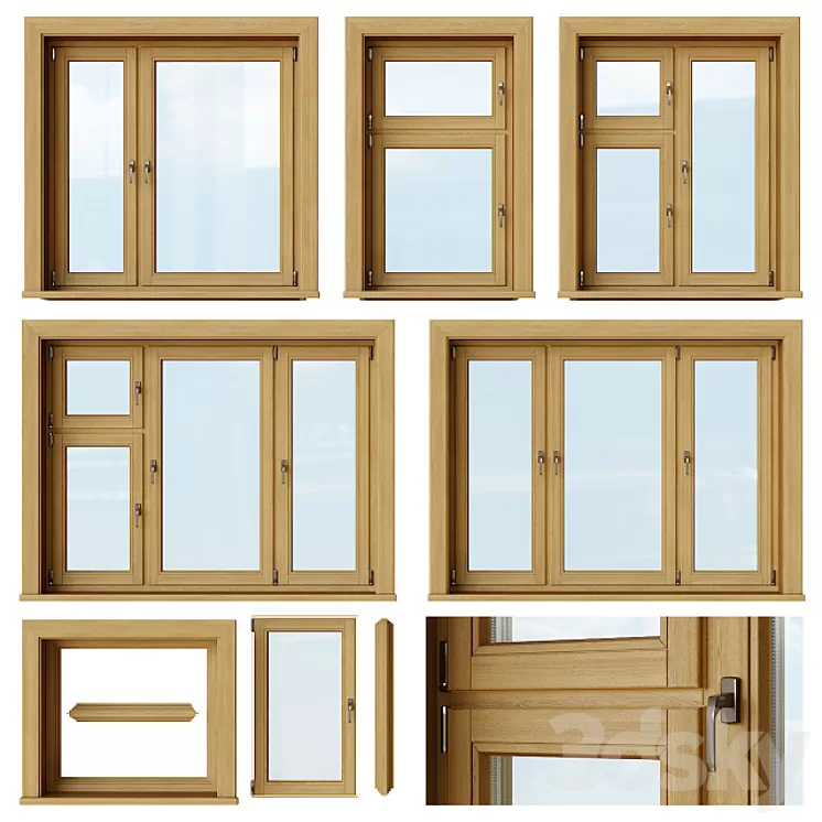 Set of wooden windows 1 + Designer 3D Model