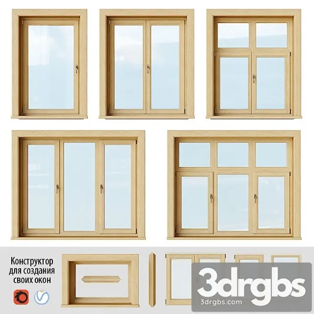 Set of wooden windows 2 + designer 3D Model Download