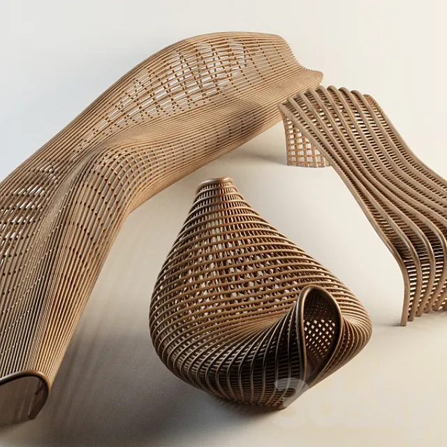 Set Wicker benches 3D Model Set Wicker benches 3D Model