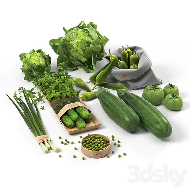 Set with green vegetables: cabbage cucumbers peppers zucchini onions tomatoes peas 3D Model Free Download