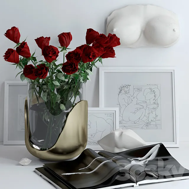 Set with roses marble bust and lips 3D Model
