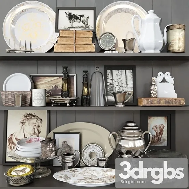 Shelf with antique decor books and crockery 3D Model Download