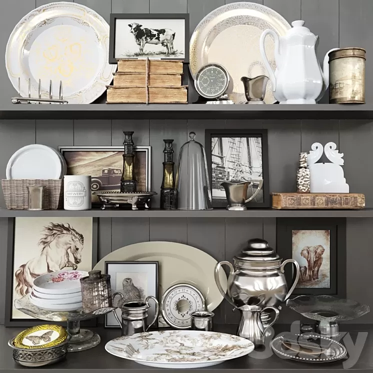 Shelf with antique decor books and crockery 3D Model