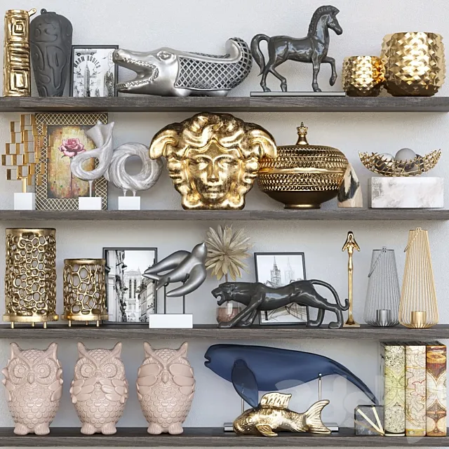 Shelf with collectible decor and figurines. Decor 3D Model Shelf with collectible decor and figurines. Decor 3D Model