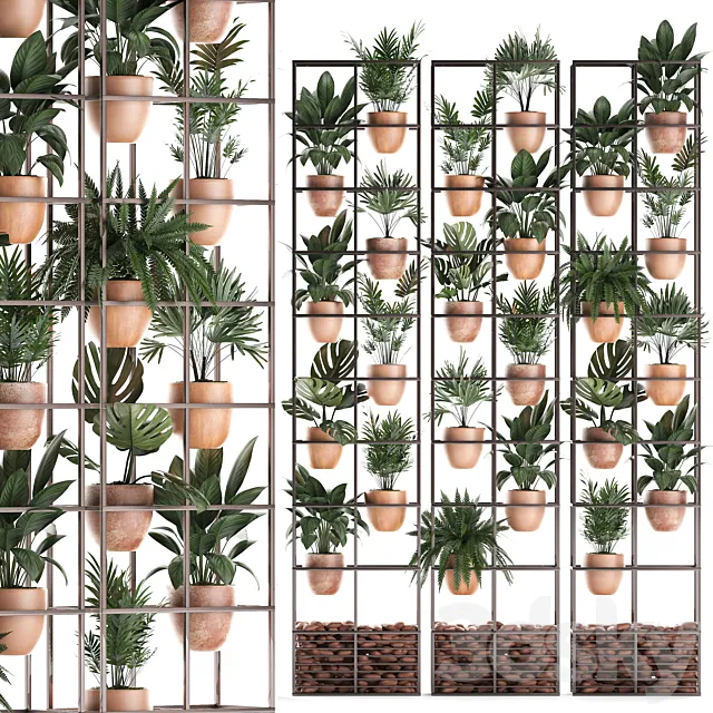 Shelf with flowers in clay pots vertical garden with fern palm monstera ficus shelving. Set of 30. 3D Model Shelf with flowers in clay pots vertical garden with fern palm monstera ficus shelving. Set of 30. 3D Model