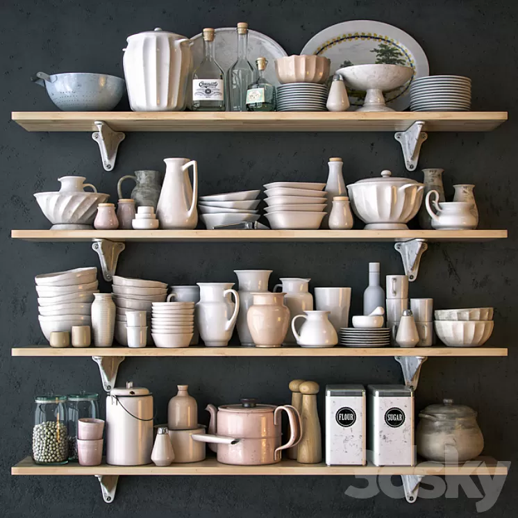 Shelf with utensils in bright colors 3D Model