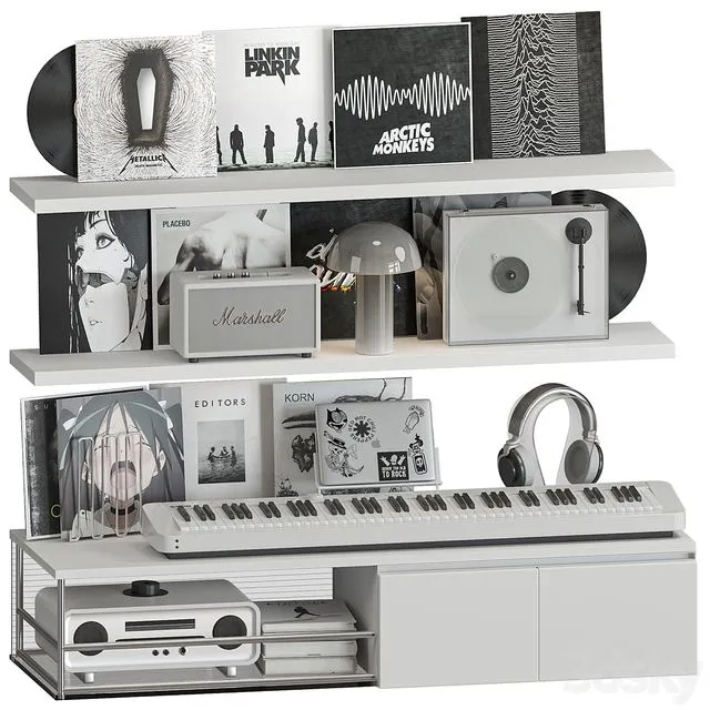 Shelf with Vinyl Records and Music equipment 3D Model Shelf with Vinyl Records and Music equipment 3D Model