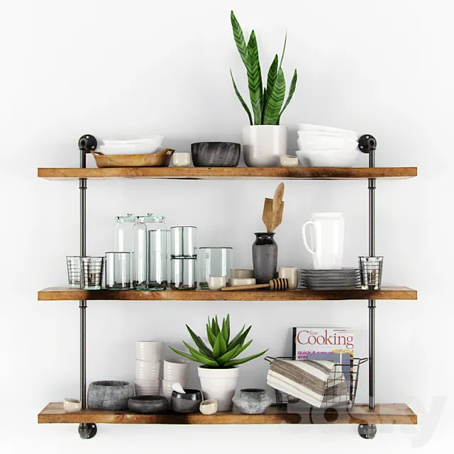 Shelves dishes and flowers 3DModel