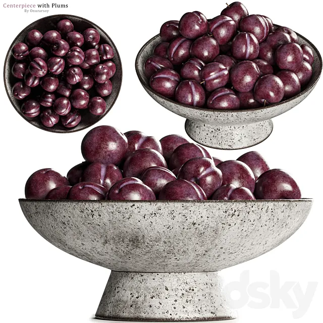 Shinola Centerpiece Bowl with Purple Plums Decoration 3DModel