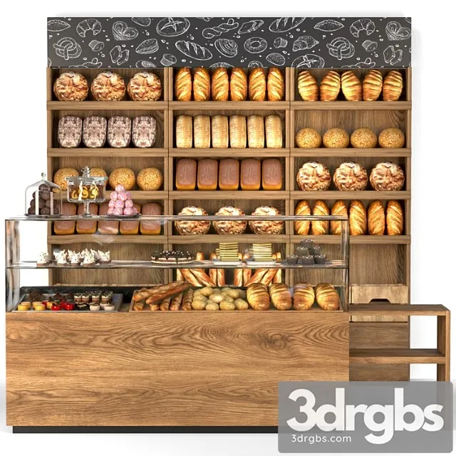 Showcase In A Bakery With Baked Desserts And Various Sweets Bread 3D Model Download