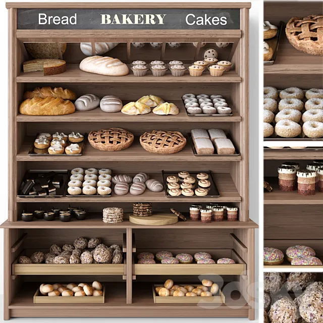 Showcase in a bakery with pastries and desserts. Sweets 3DModel