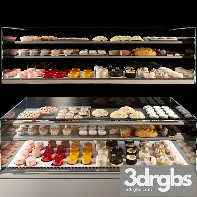 Showcase in a pastry shop with desserts sweets and other different cakes 4 3D Model Download