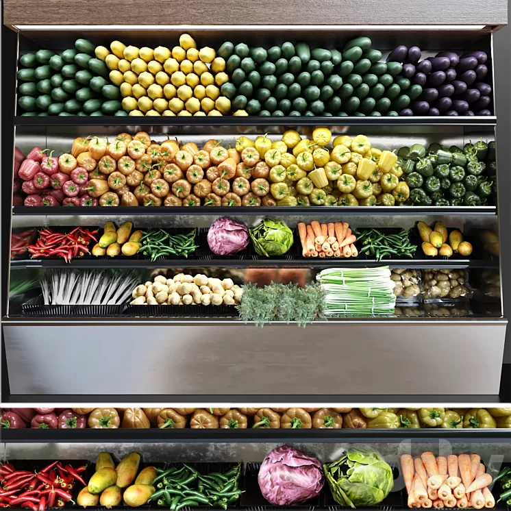 Showcase in a supermarket with fresh fruits and vegetables. Food 3D Model