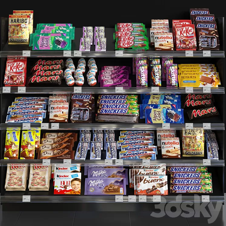 Showcase in a supermarket with sweets chocolate and other sweets 3D Model