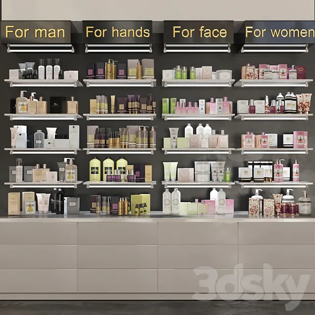 Showcase in pharmacies cosmetics for care. Beauty saloon 3DModel
