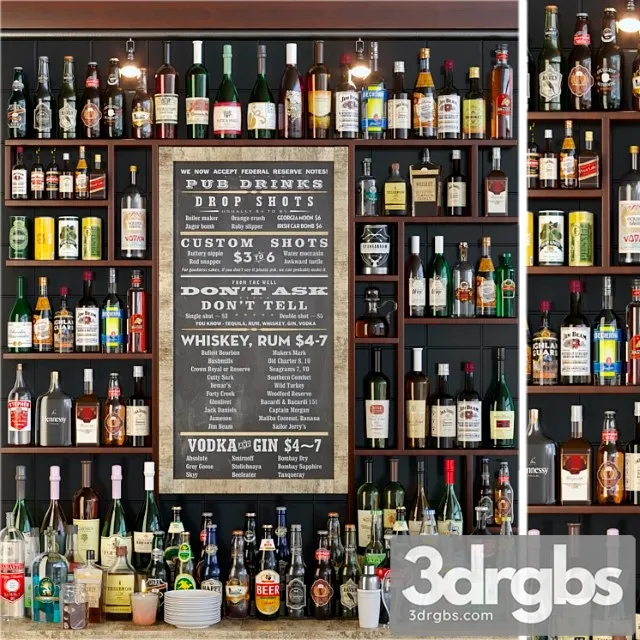 Showcase in the bar with a collection of strong alcohol and cocktails. alcohol 3D Model Download