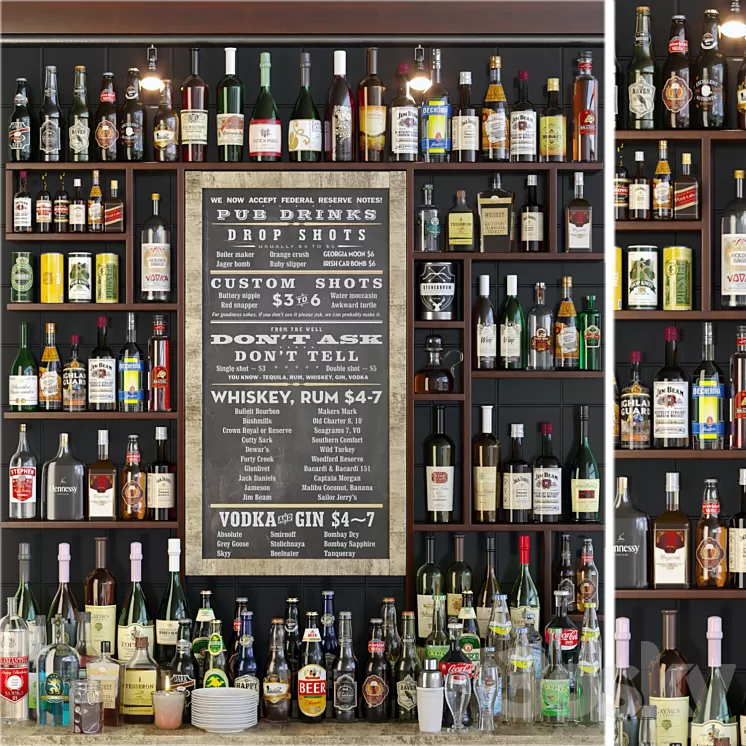 Showcase in the bar with a collection of strong alcohol and cocktails. Alcohol 3D Model
