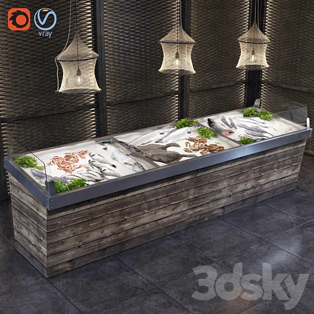 Showcase with fish and seafood 3DModel