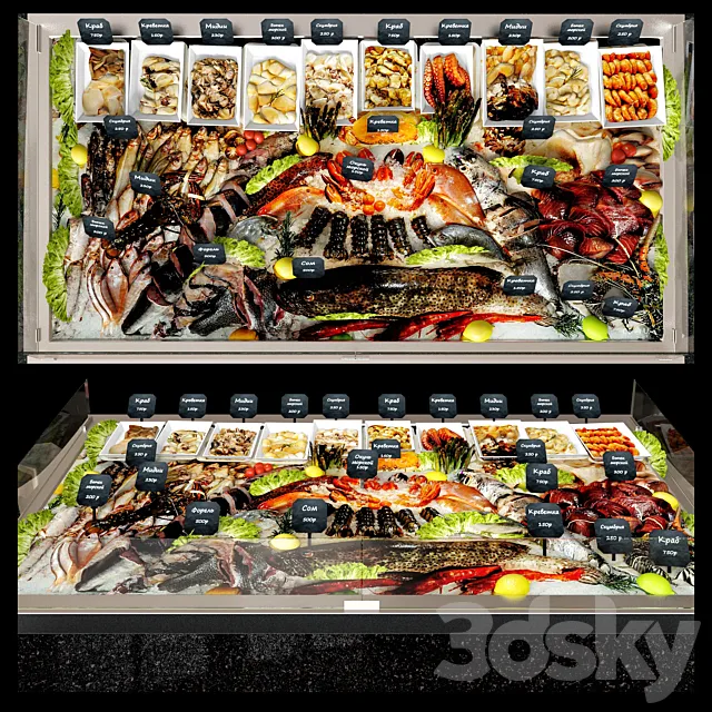 Showcase with seafood 3D Model