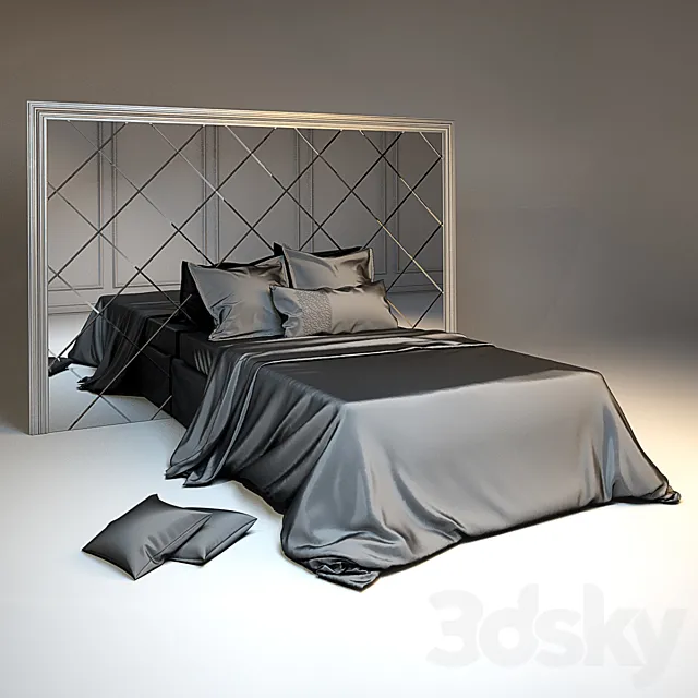 Silk bedding and headboard with mirror tiles in a silver frame 3DModel
