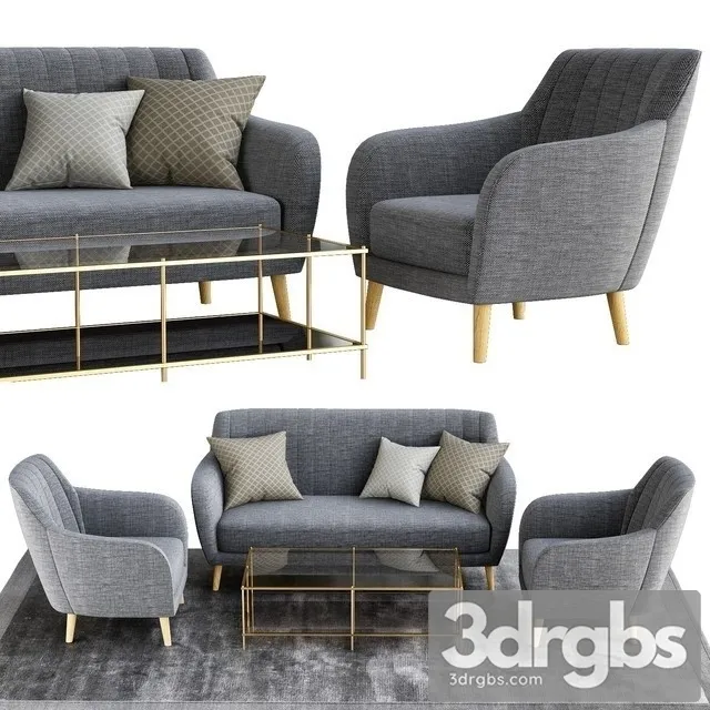 Sillon Sofa Retro Tela Gris Patas Madera 3D Model Download
