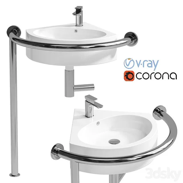 Sink DS IF35 corner 450x400x120 mm with handrail (right) and DS3 mixer Equipment for the disabled 3D Model Sink DS IF35 corner 450x400x120 mm with handrail (right) and DS3 mixer Equipment for the disabled 3D Model